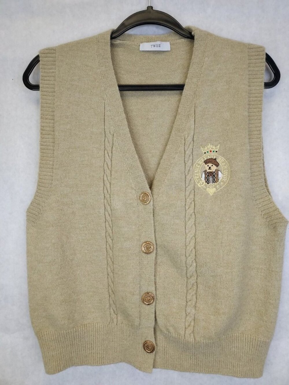 Twee Teddy U Cable Knit Vest Womens M Button Up Crest Academia Preppy Schoolgirl